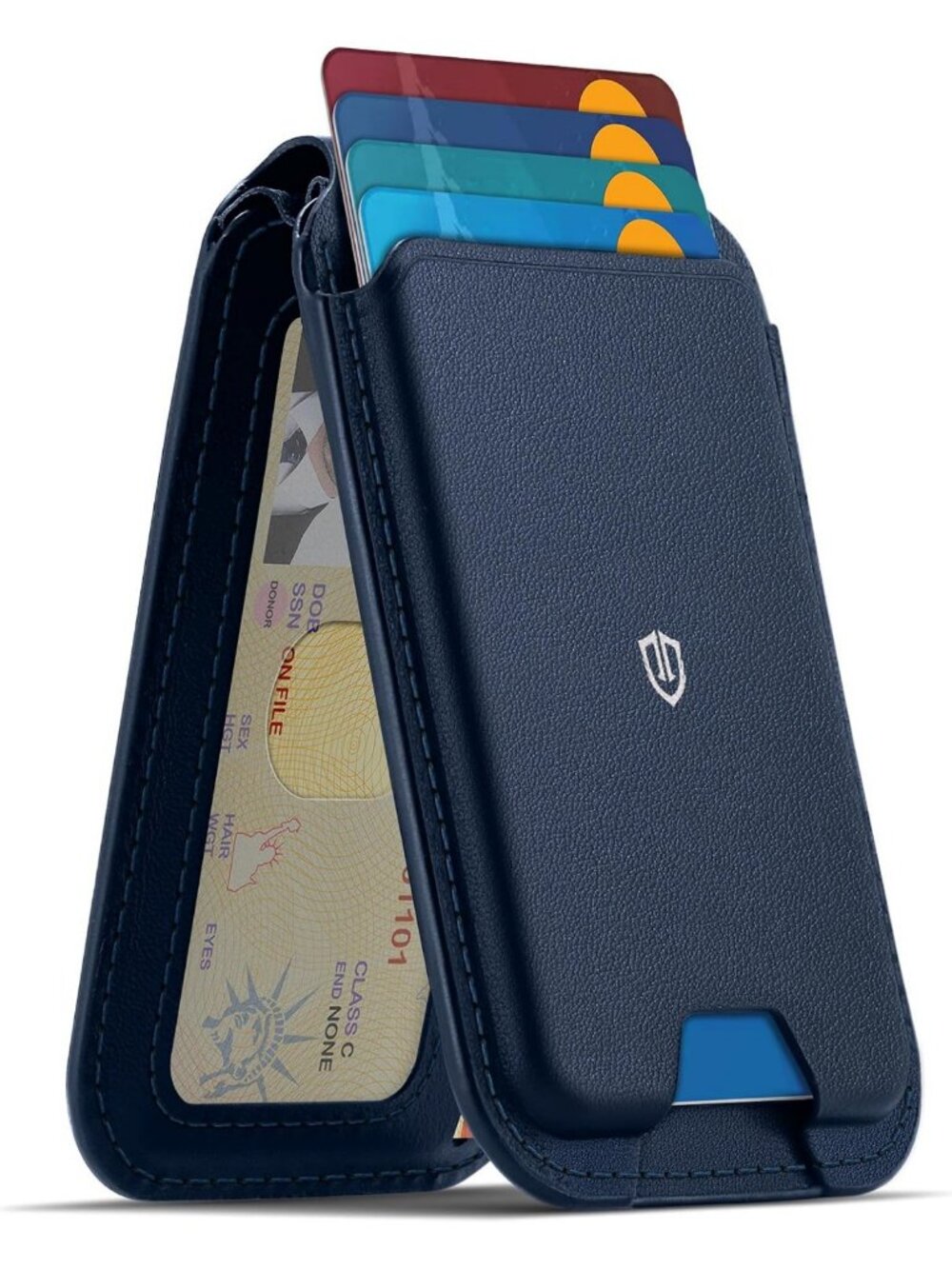 Genuine Leather MagSafe Wallet Case with Adjustable Stand - Navy Blue